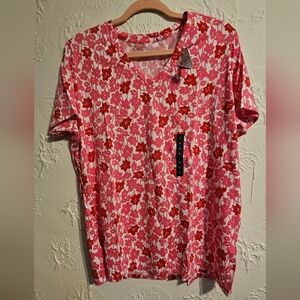 Lands' End Womens Supima Cotton Floral V Neck Short Sleeve NWT